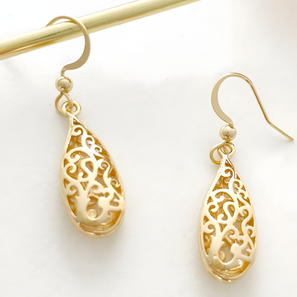 Gold Plated Brass Filigree Teardrop Dangle Earing Elegant Lightweight Design B19