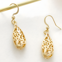 Gold Plated Brass Filigree Teardrop Dangle Earing Elegant Lightweight Design B19