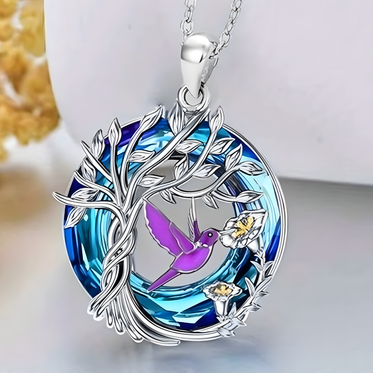 Tree of Life Hummingbird Necklace 925 Sterling Silver Pendant Blue Crystal - B57