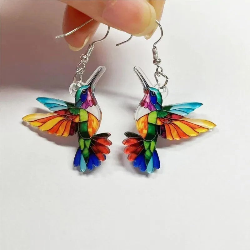 Acrylic Hummingbird Earrings – Bright Multicolour Bird Dangle Style 1235