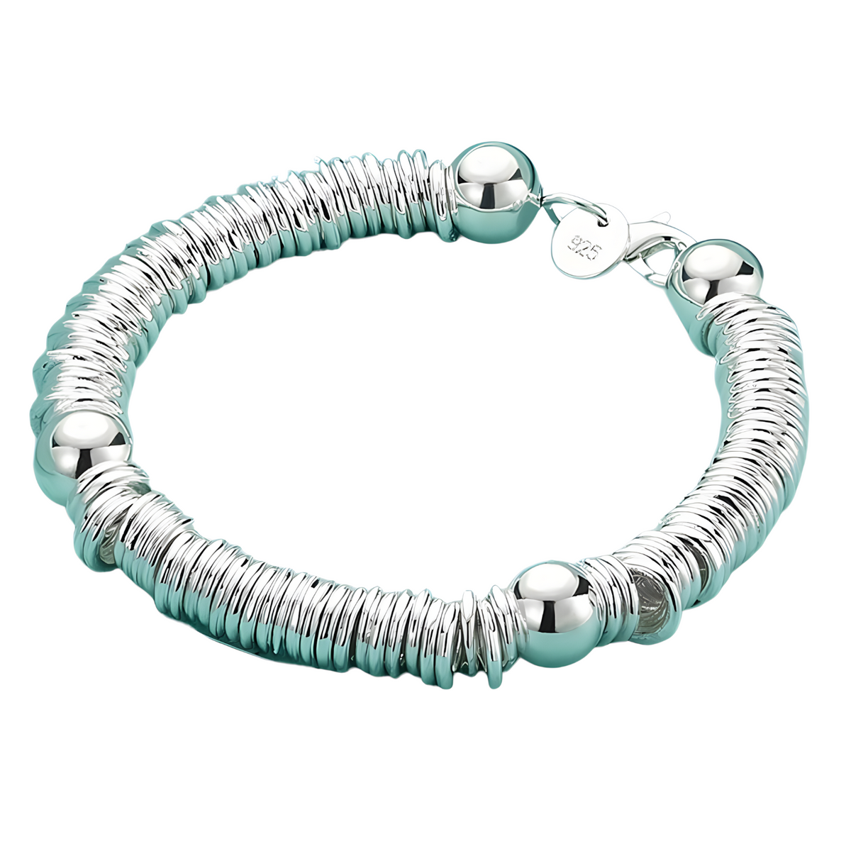 925 Sterling Silver Bell Bead Bracelet, Coiled Disc Strand Bracelet Lobster 1798