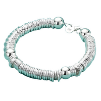 925 Sterling Silver Bell Bead Bracelet, Coiled Disc Strand Bracelet Lobster 1798