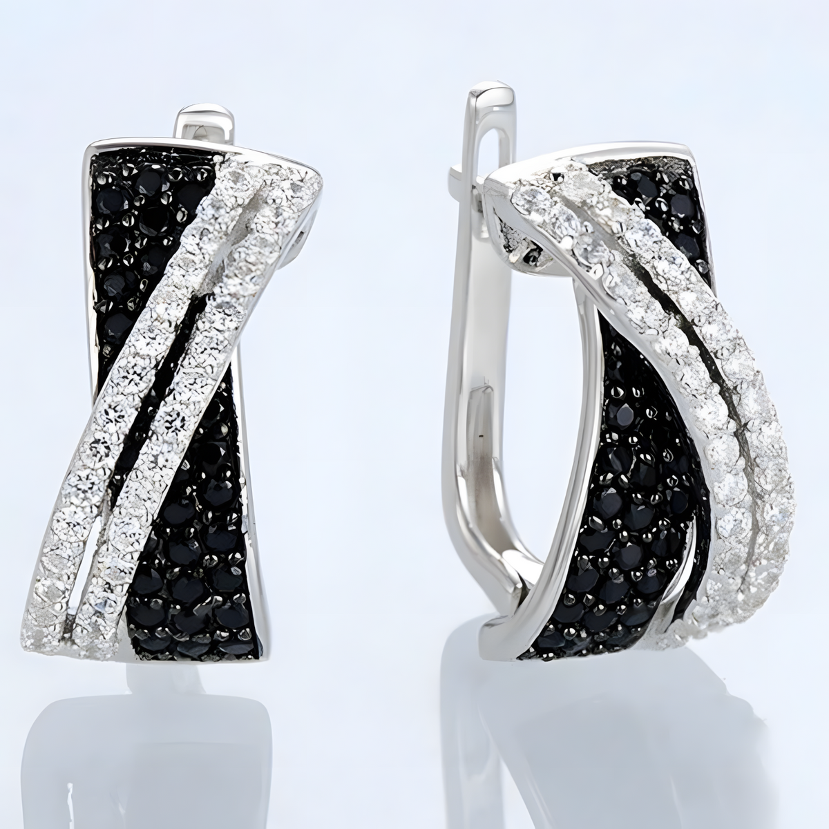 Sterling Silver Hoop Earrings for Women with Black and White Zirconia Stones 510