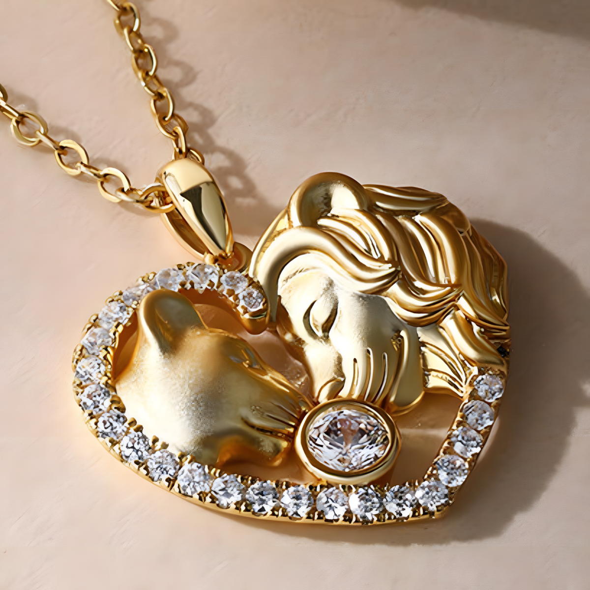 Lion Couple Heart Shape Pendant Necklace Zircon Frame Decoration Valentine B175