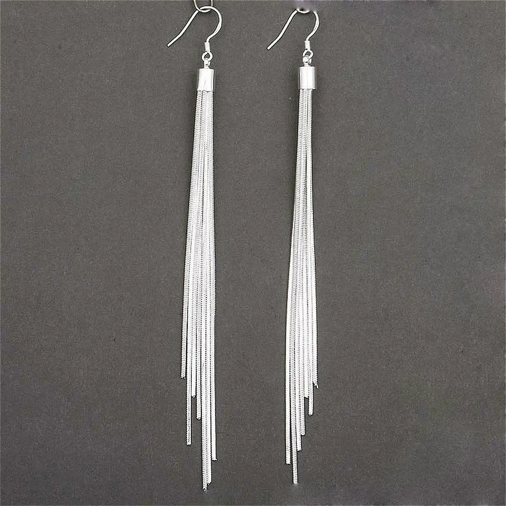 Long Silver Tassel Drop Earrings Women Multi-Strand Stainless Steel & Zinc 1001