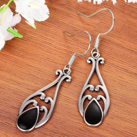 925 Sterling Silver Vintage Teardrop Filigree Dangle Earring with Black Onyx 153