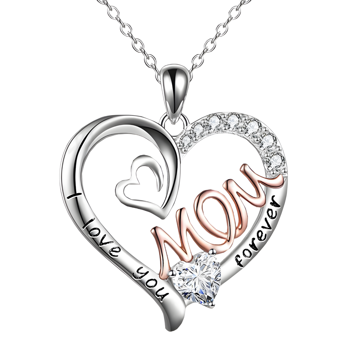 Mothers Heart Necklace Two-Tone 'I Love You Mom Forever' Pendant White Gold B174