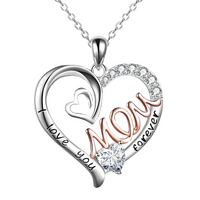 Mothers Heart Necklace Two-Tone 'I Love You Mom Forever' Pendant White Gold B174