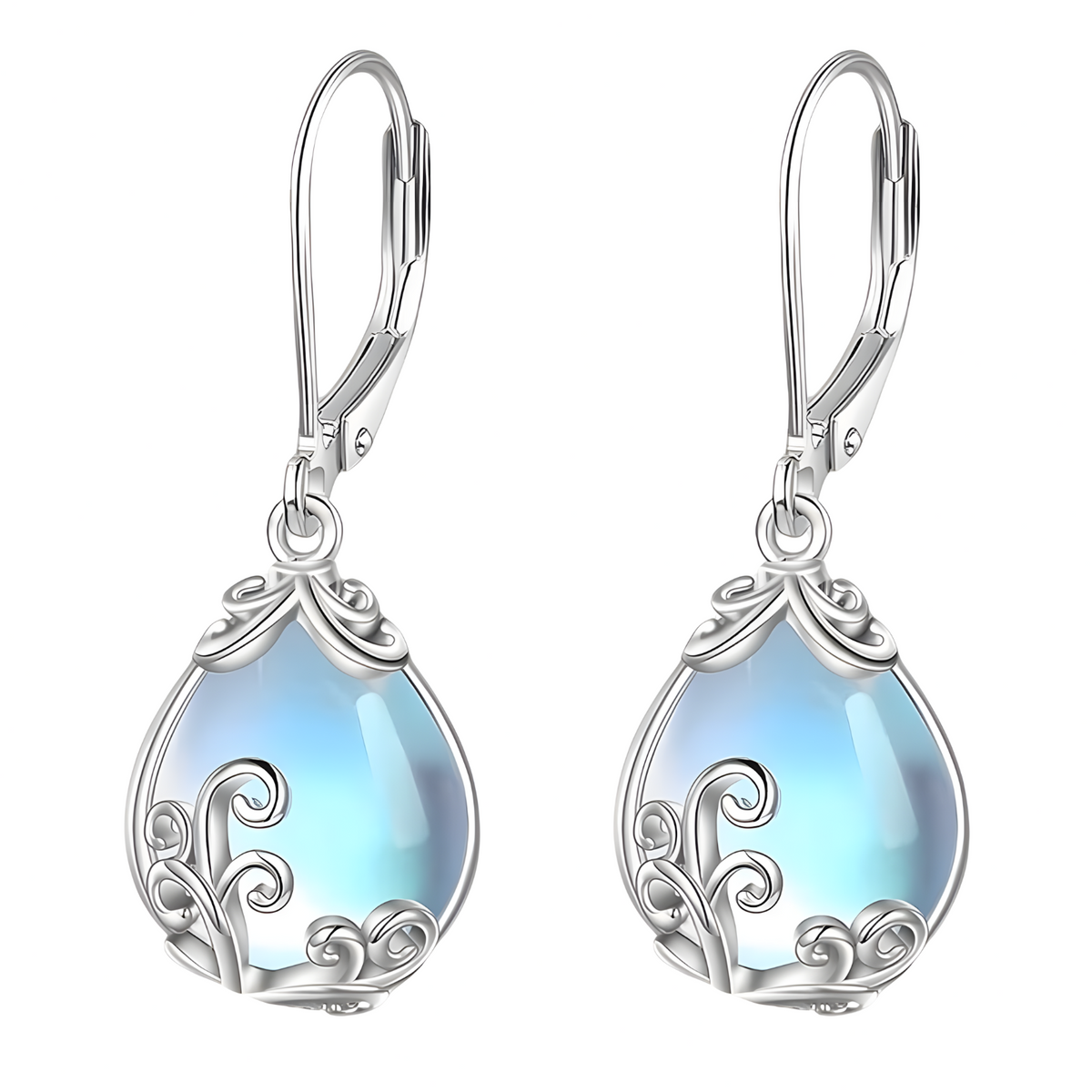 Blue Moonstone Teardrop Dangle Earrings -Filigree Teardrop Dangle Leverback 1451