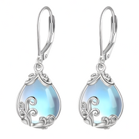 Blue Moonstone Teardrop Dangle Earrings -Filigree Teardrop Dangle Leverback 1451