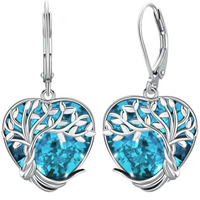 Heart-Shaped Tree of Life Drop Earrings with Blue Crystal Sterling Silver 743