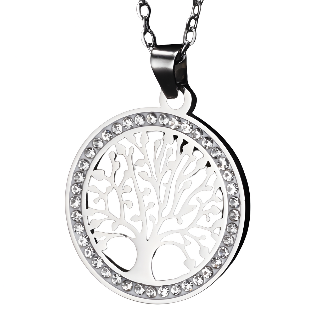 Stainless Steel Tree of Life Pendant Necklace Silver Round Cut Out Tree 1088