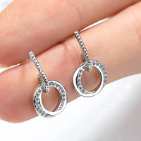 Sterling Silver Double Circle Drop Earrings with Rhinestone Accents Elegant 346