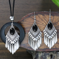 Retro Silver Geometric Tassel Jewelry Set Women –Ethnic Black Stone Necklace 687