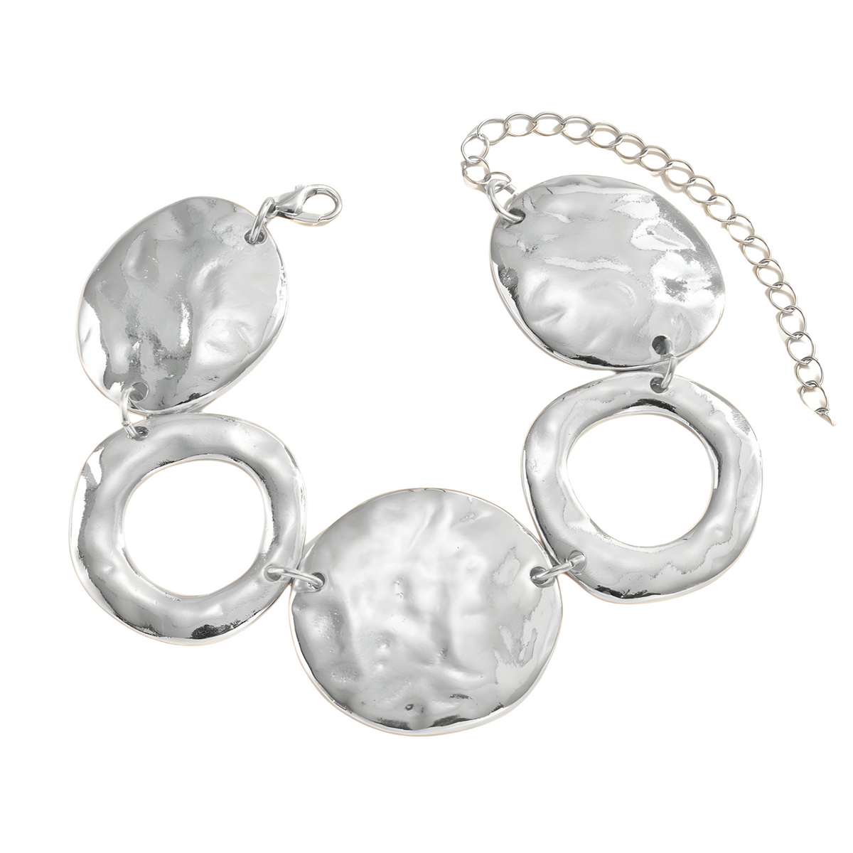Abstract Hammered Disc Link Bracelet 20cm Adjustable Silver Tone Statement 1738