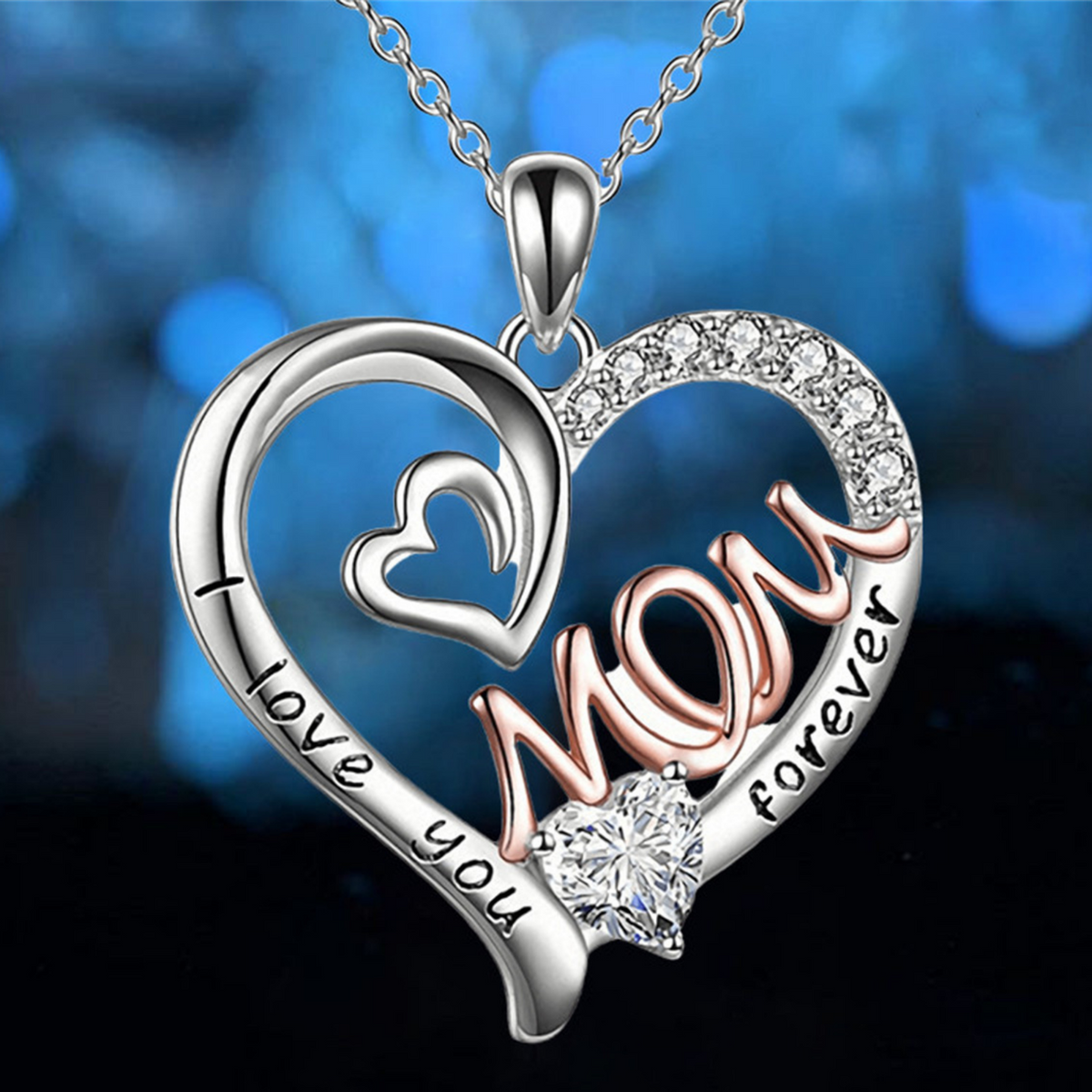 “I Love You Mom Forever” Heart Pendant Necklace – Cubic Zirconia Crystal B86