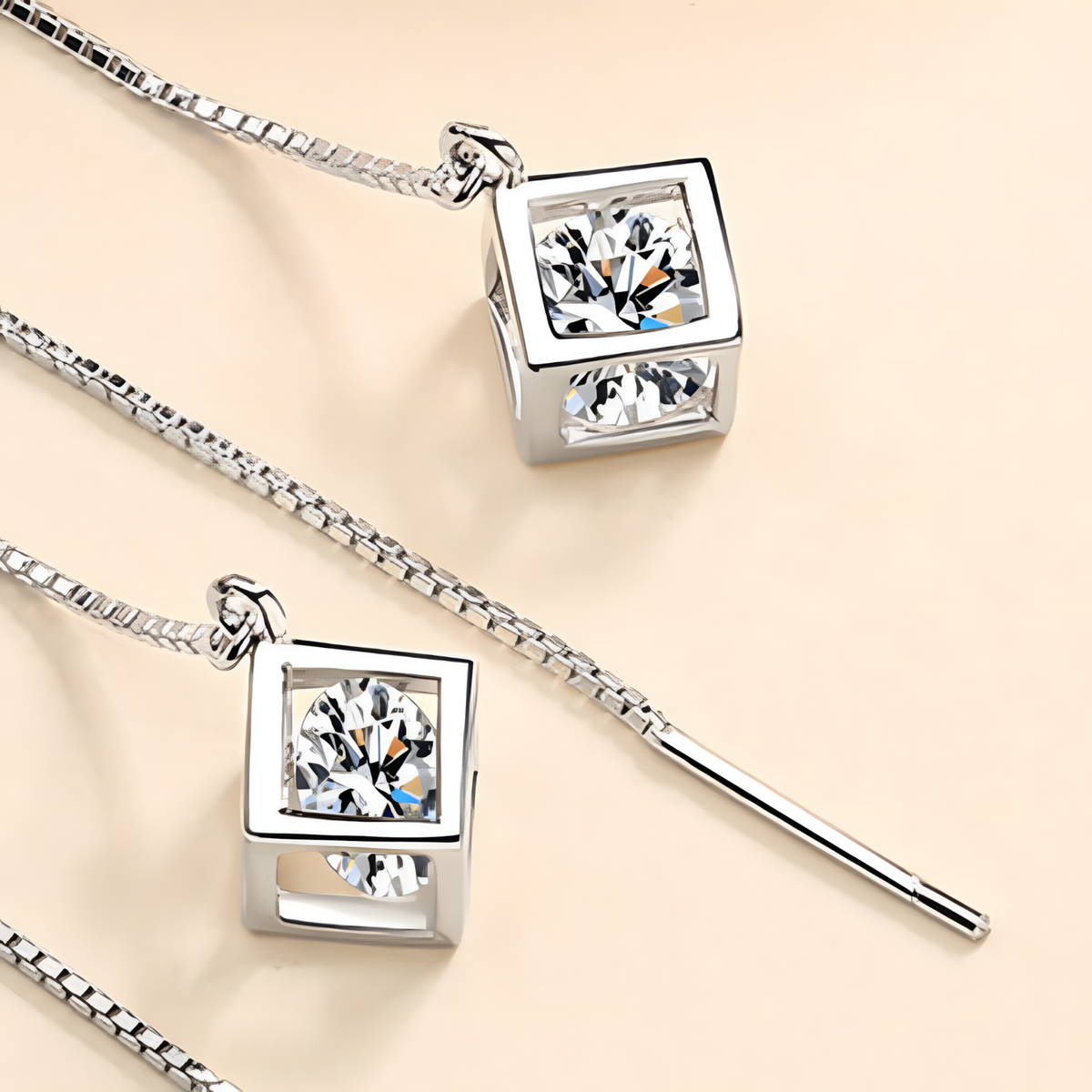 925 Silver-Plated Geometric Cube Zircon Drop Earrings Women Sparkling Round 924