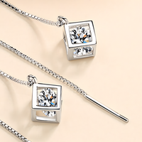 925 Silver-Plated Geometric Cube Zircon Drop Earrings Women Sparkling Round 924