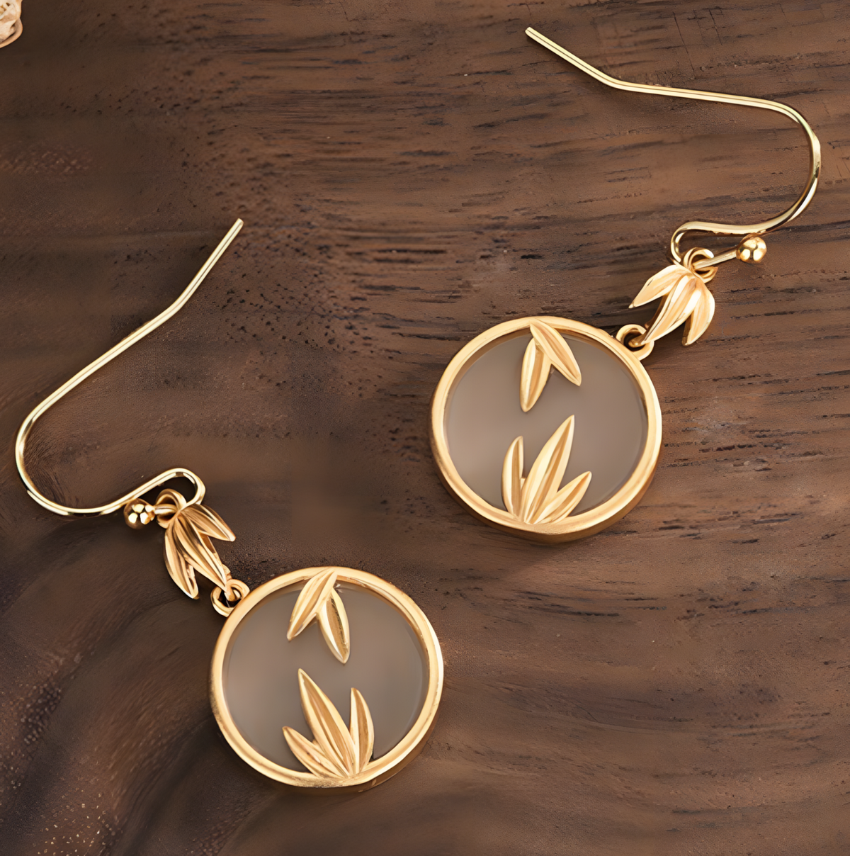 Gold Tone Bamboo Leaf Drop Earrings White Inlay Nature Inspired Dangle 32mm B18
