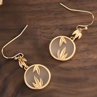 Gold Tone Bamboo Leaf Drop Earrings White Inlay Nature Inspired Dangle 32mm B18