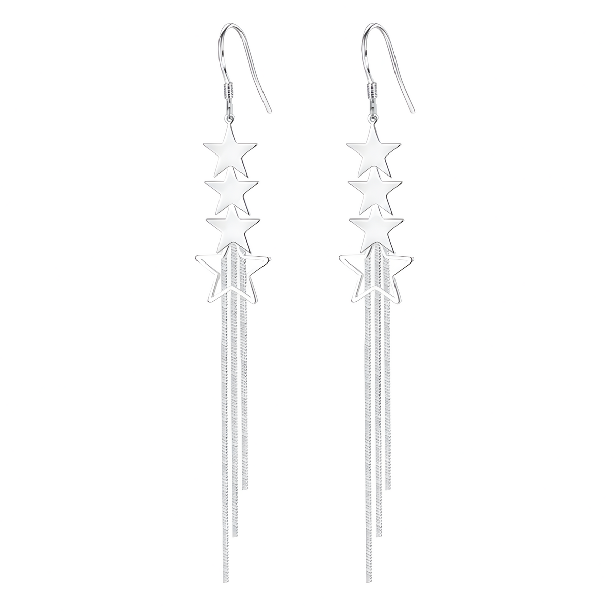 925 Sterling Silver Star Drop Earrings, Long Tassel Dangle, Sparkling 325