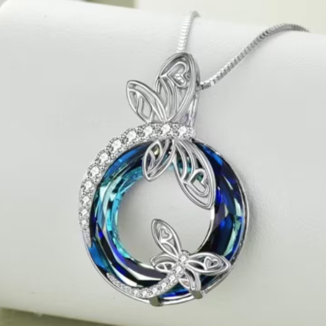 Dragonfly Necklace for Women Blue Crystal Round Pendant 39.2cm Chain 3.2cm B144