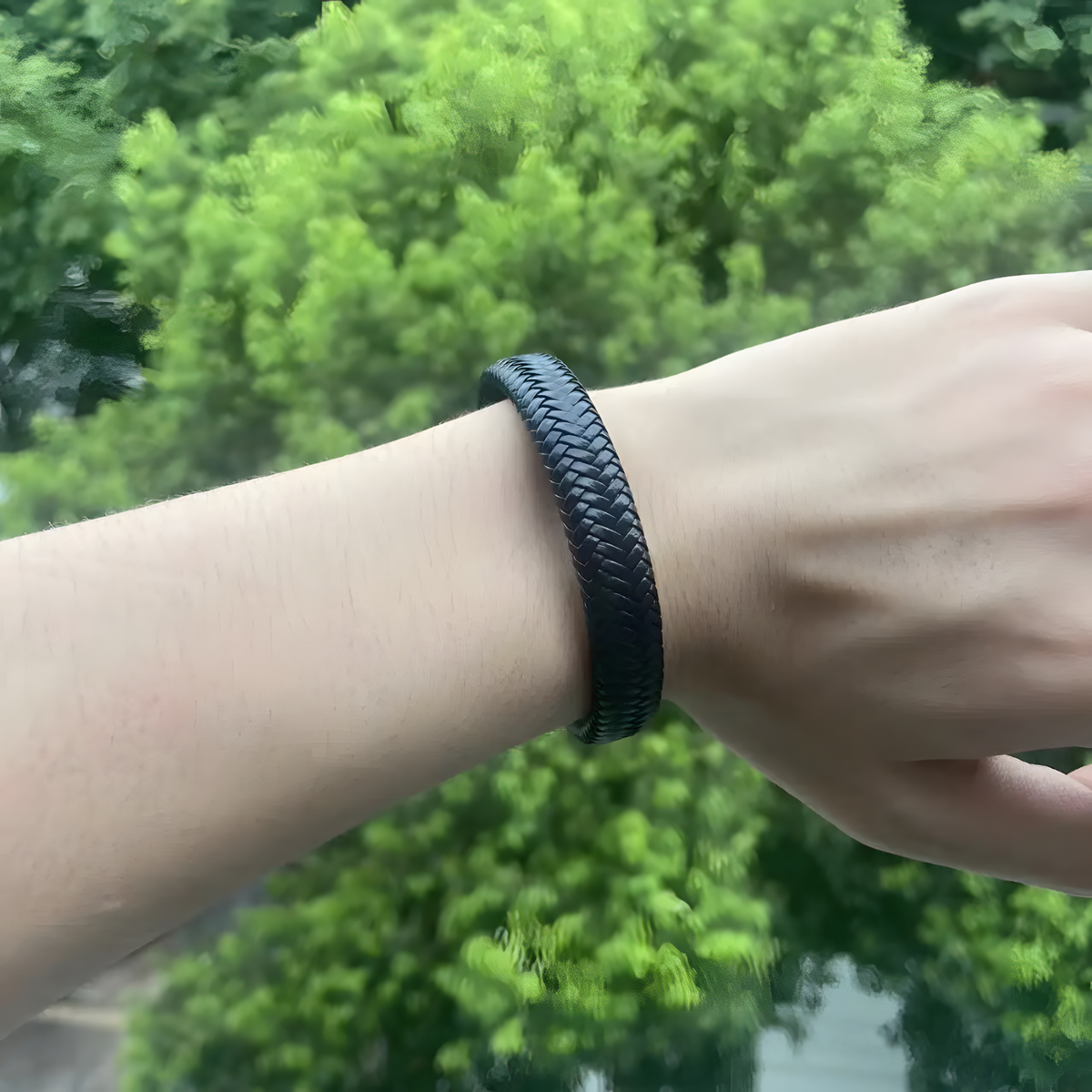 Men's Black Braided Leather Bracelet with Zinc Alloy Magnetic Clasp 446