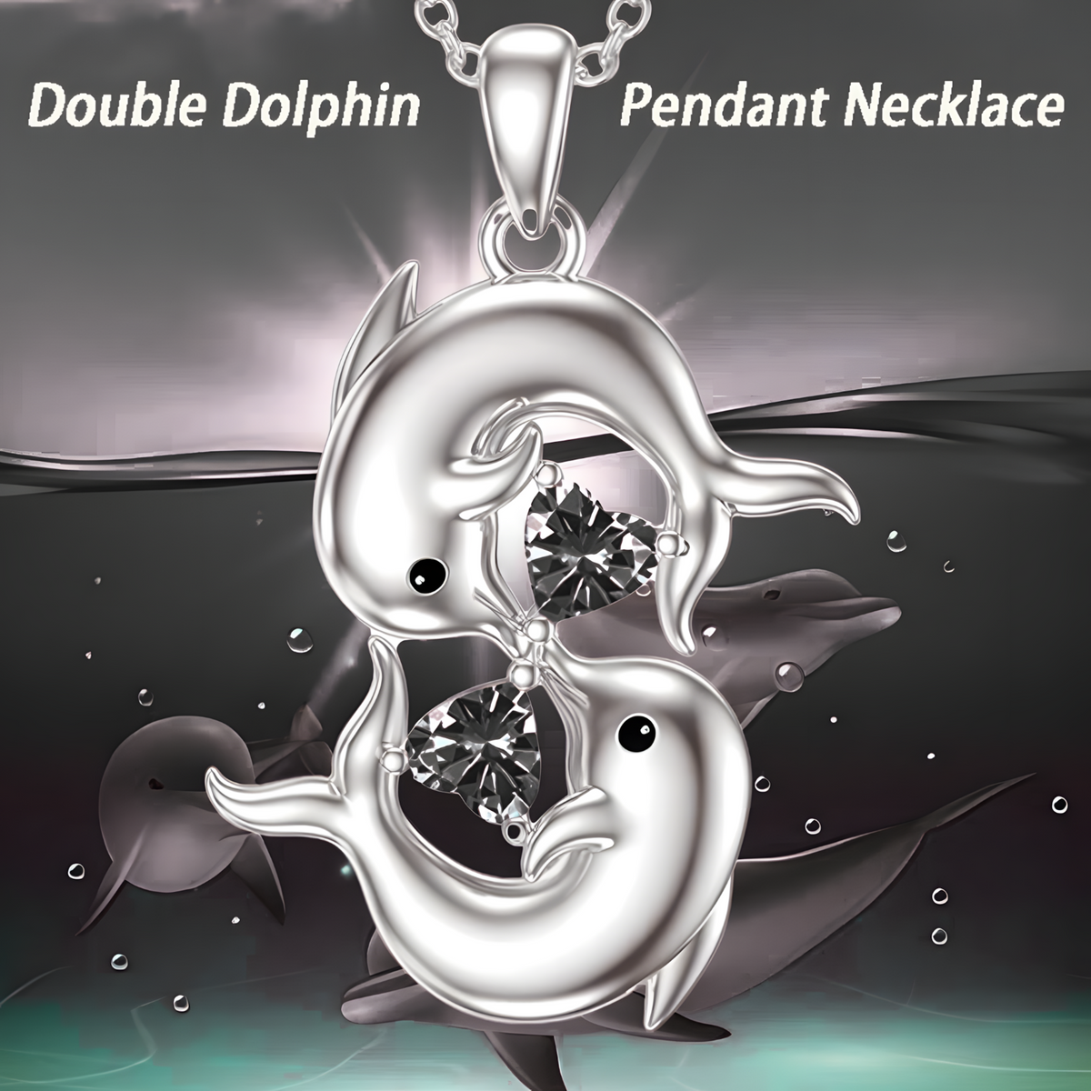 Sterling Silver Plated Double Dolphin Kiss Necklace for Women Romantic Blue B178