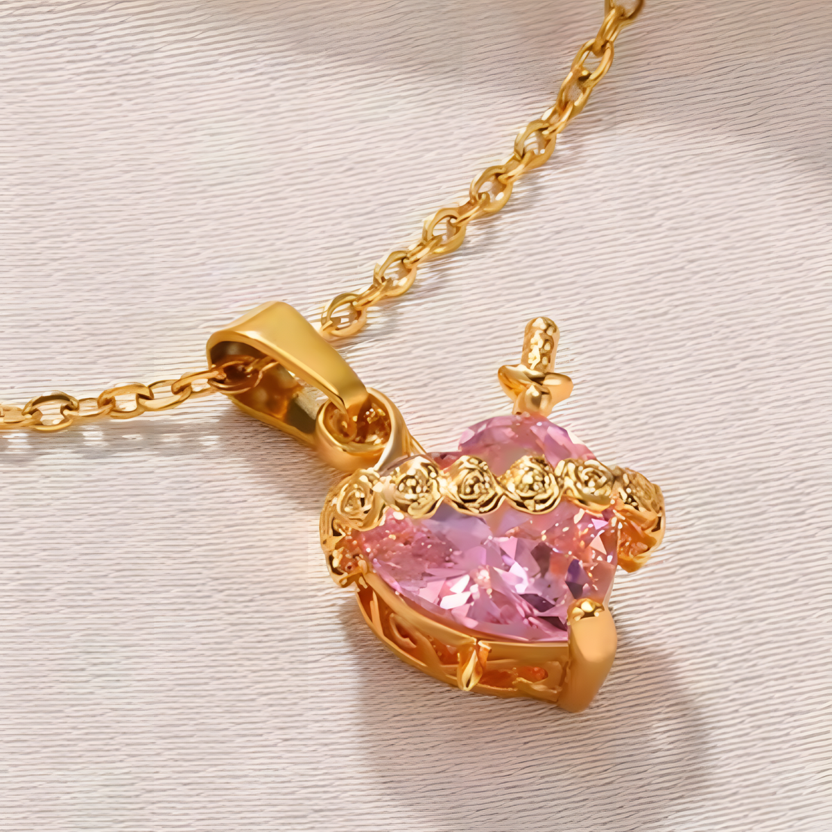 Women's Gold Plated Heart Necklace, Pink Zircon Pendant Cupid Arrow B173