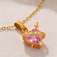 Women's Gold Plated Heart Necklace, Pink Zircon Pendant Cupid Arrow B173