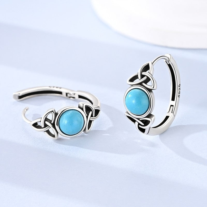 Celtic Knot Hoop Earrings for Women - Blue Turquoise Round Stone, 18.2mm 1802