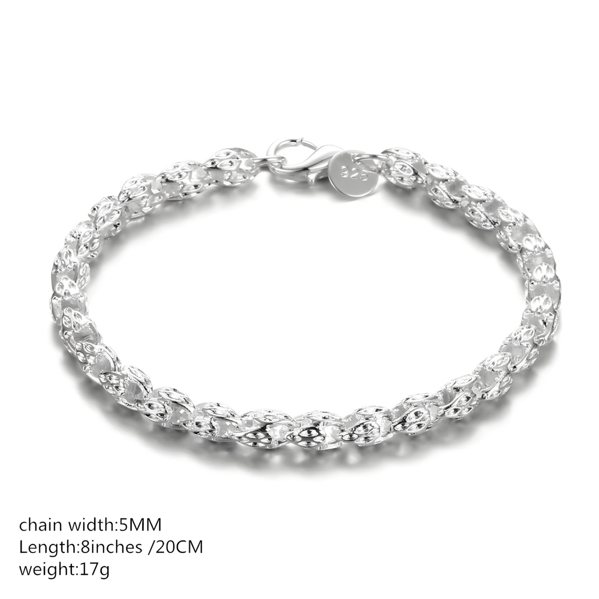 925 Sterling Silver Bracelet Women Men 5MM Width 20CM 8 Inch Lobster Clasp 1770