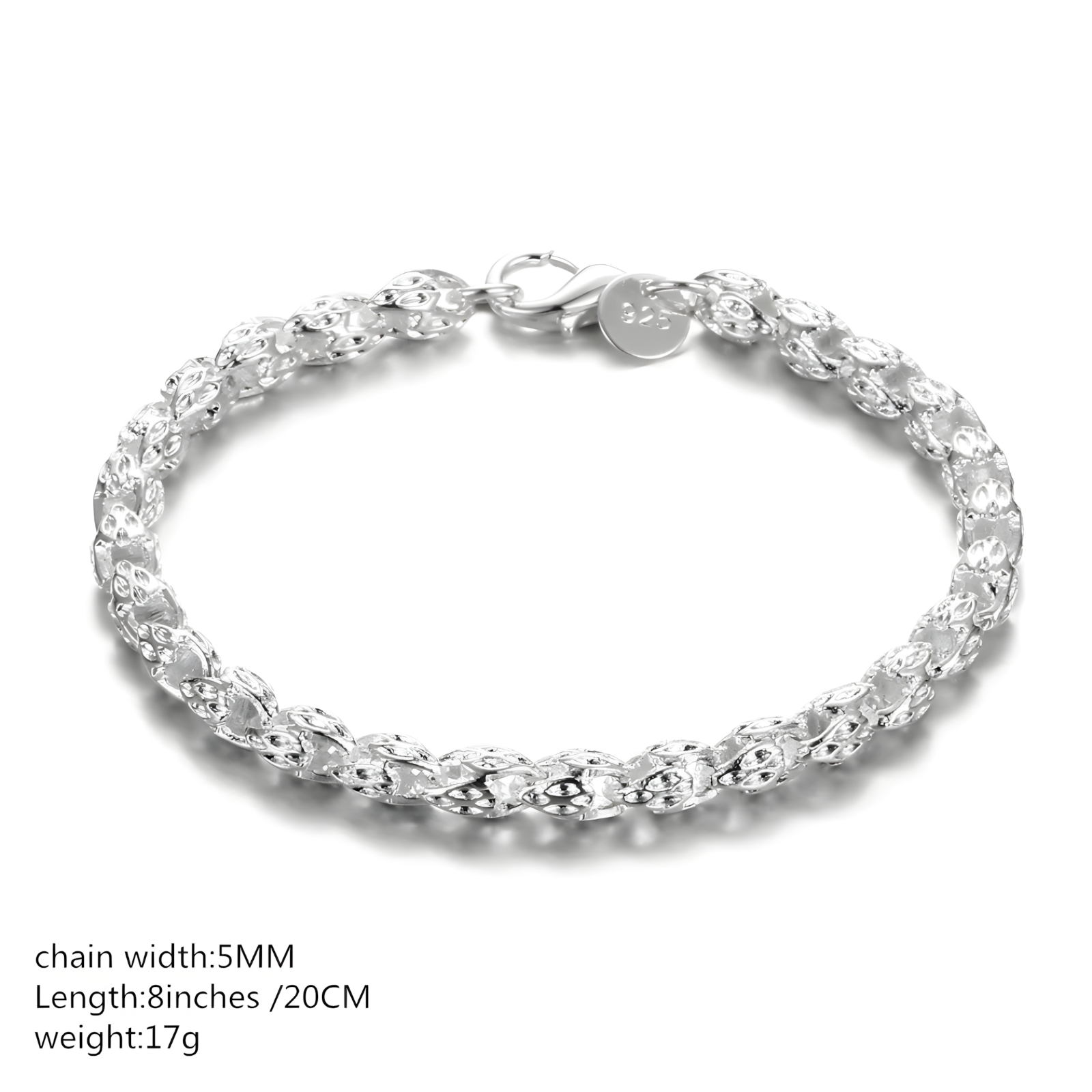 925 Sterling Silver Bracelet Women Men 5MM Width 20CM 8 Inch Lobster Clasp 1770