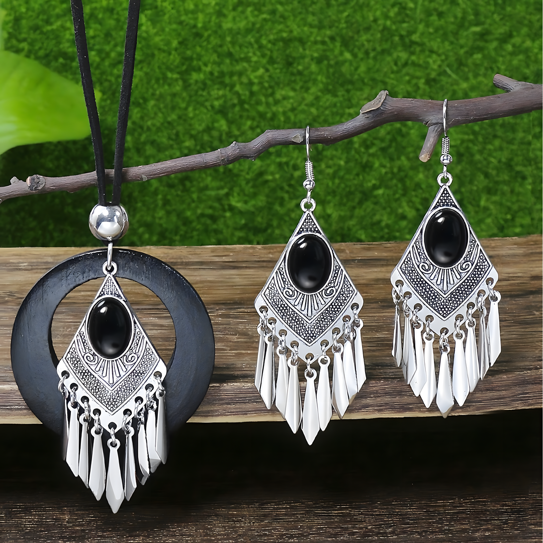 Retro Silver Geometric Tassel Jewelry Set Women –Ethnic Black Stone Necklace 687
