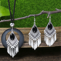 Retro Silver Geometric Tassel Jewelry Set Women –Ethnic Black Stone Necklace 687