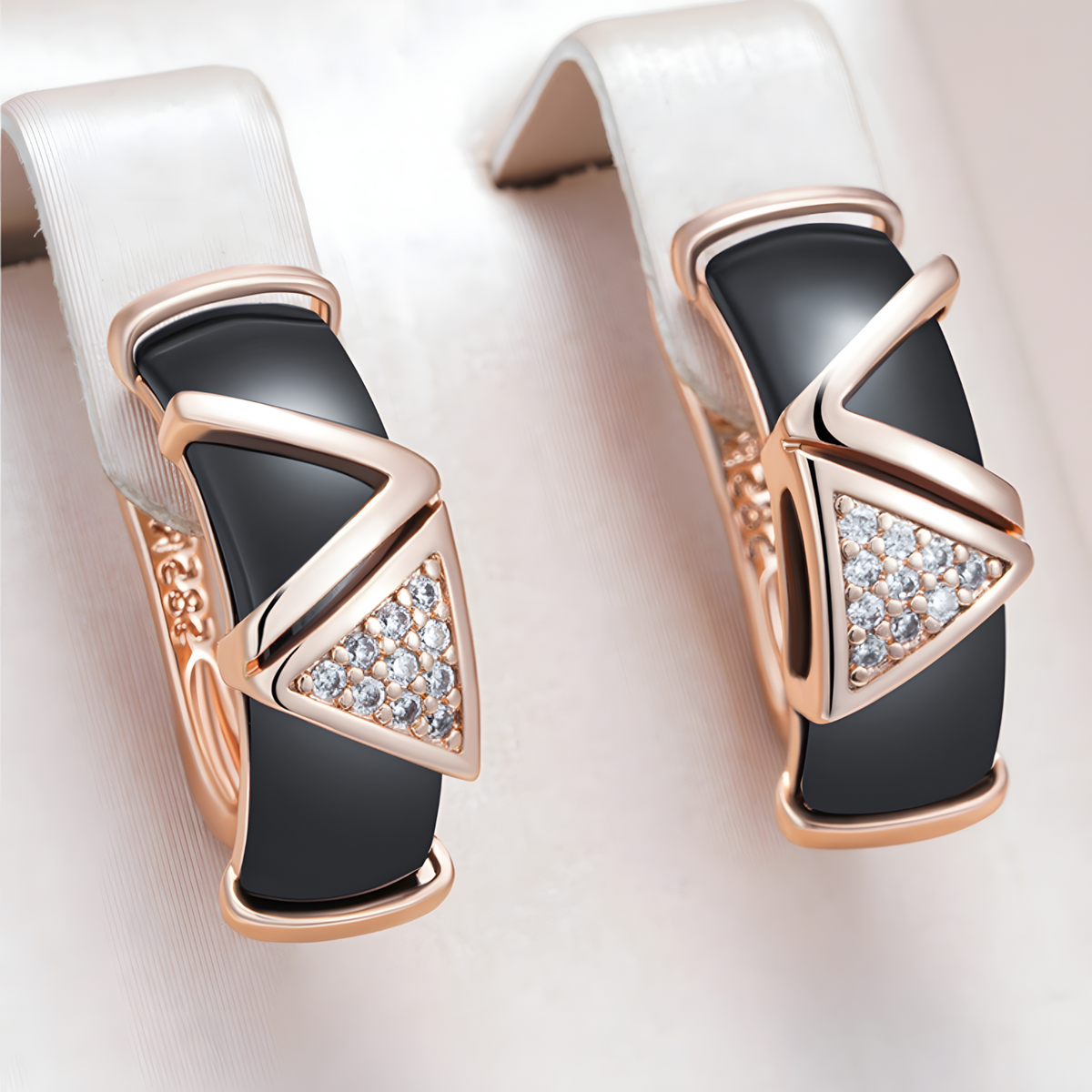 585 Rose Gold Colour Drop Earrings for Women, Copper Metal Black Ceramic 1297