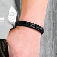 Men's Black Braided Leather Bracelet with Zinc Alloy Magnetic Clasp 446