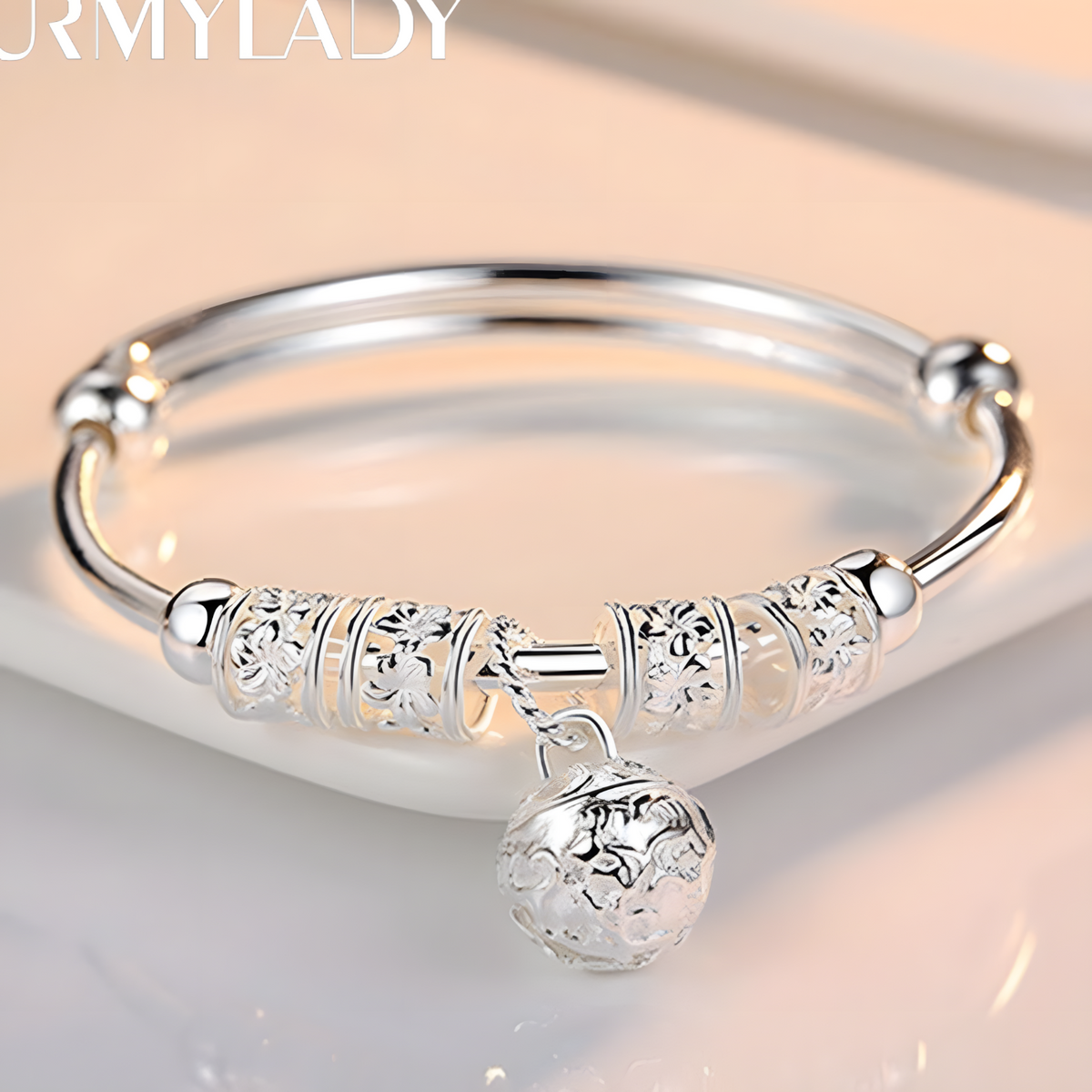 Sterling Silver Filigree Bell Bangle Women 925 Adjustable Open Cuff Bracelet 870