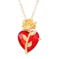 Heart-Rose Pendant Necklace - Faceted Heart Crystal Pendant Rose Accent 1318