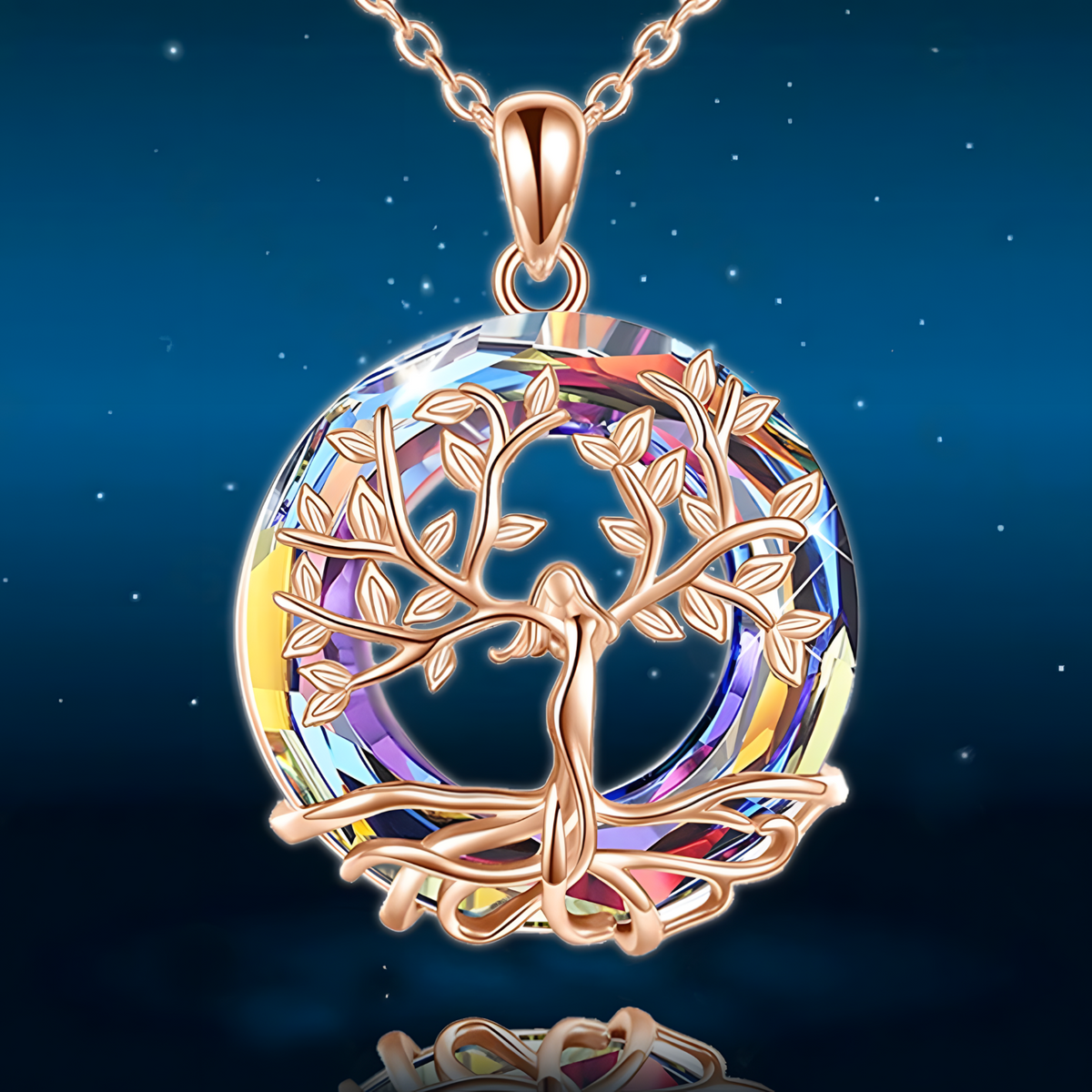 Rose Gold Celtic Tree of Life Necklace with Iridescent Crystal | Family Love B79