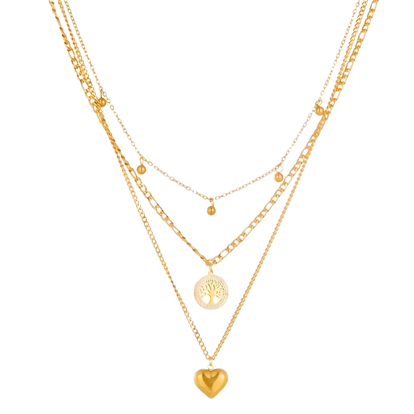 3 PCS Layered Gold Necklace Set Women Heart & Tree of Life Pendant & Earing 704
