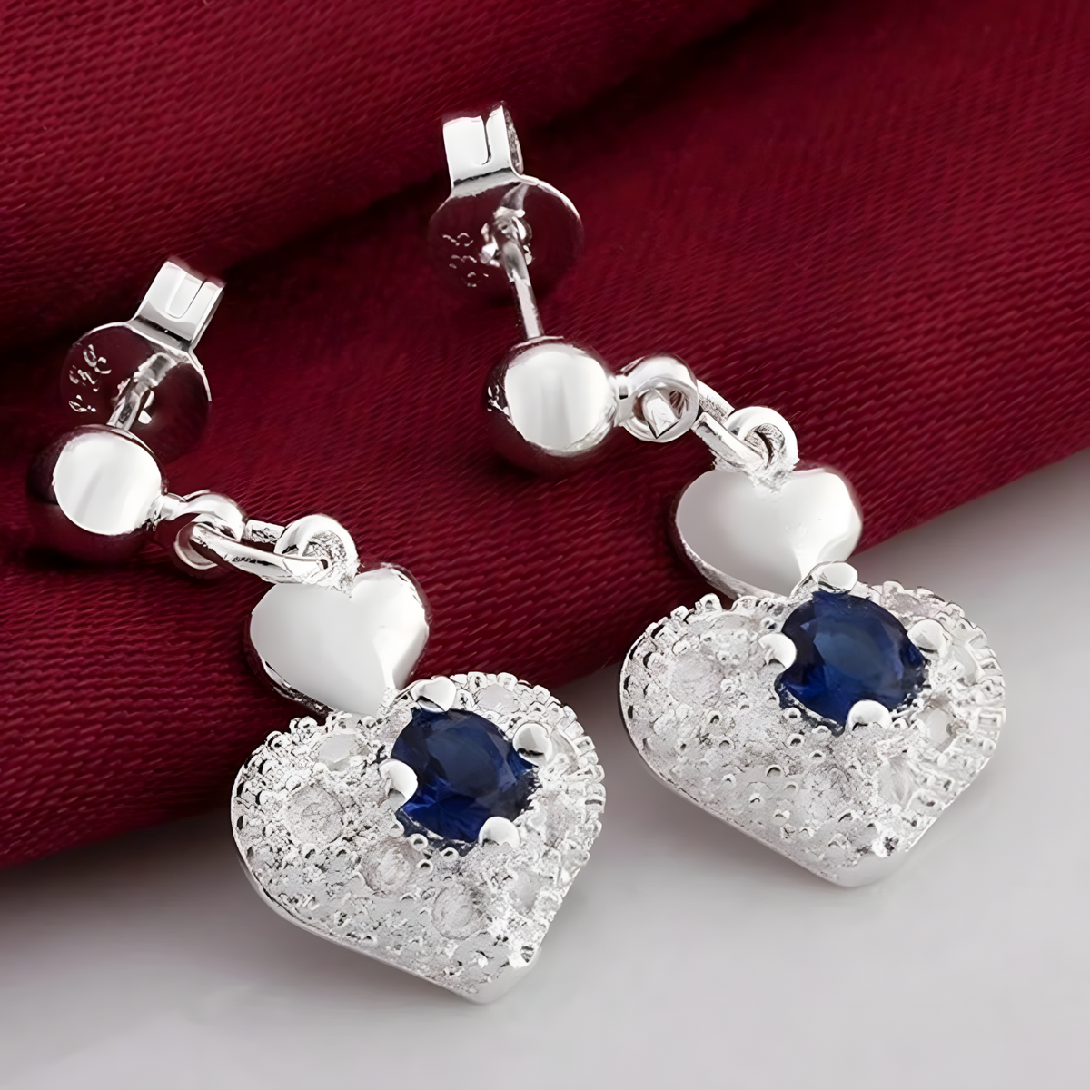 Silver Plated Copper Alloy Heart Jewellery Set For Women, Blue Rhinestone 1706