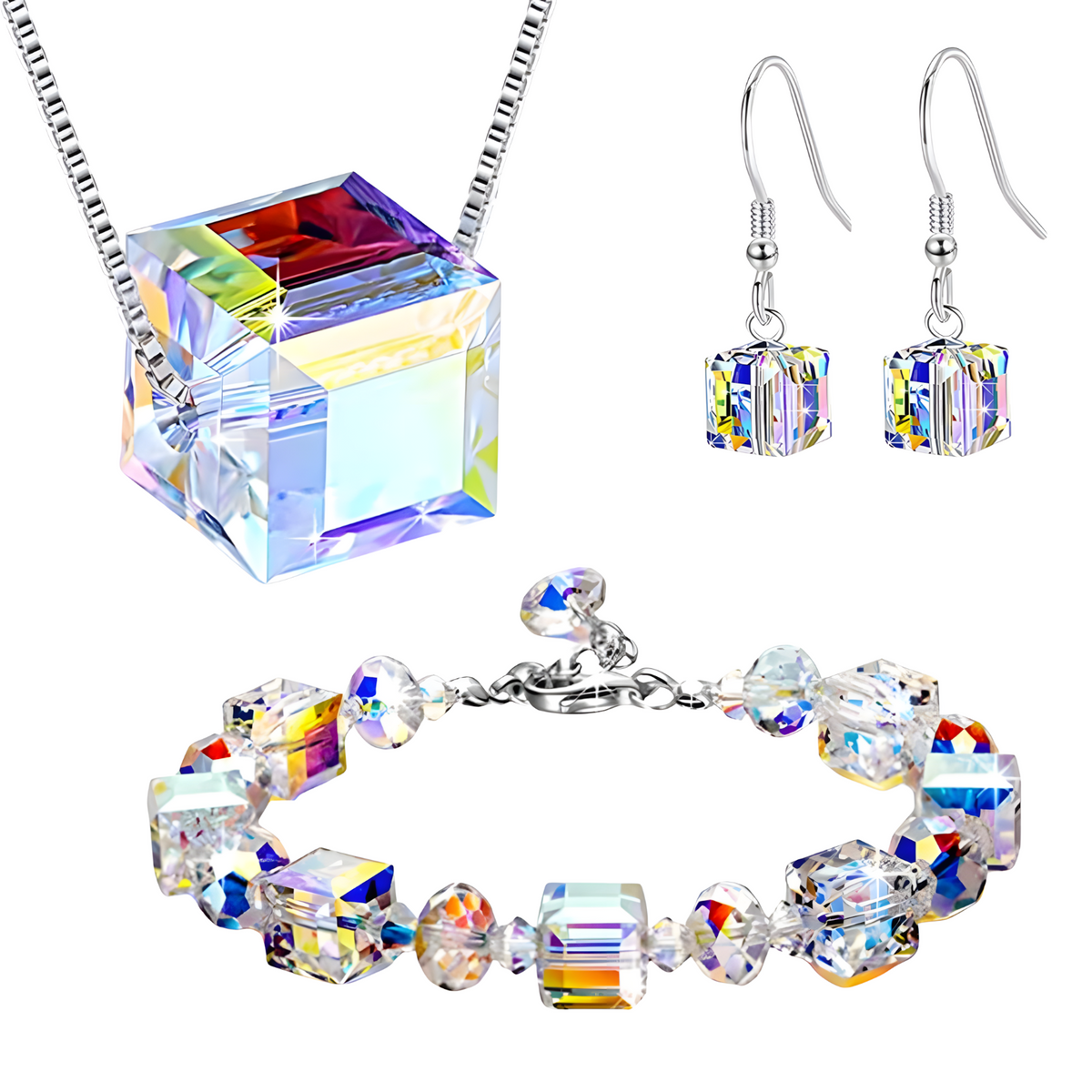 Unified Jewellery 3 Piece Cube Crystal Jewellery Set Women, Aurora Rainbow 1712