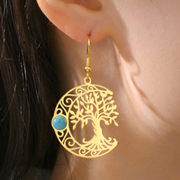 Filigree Tree of Life Dangle Earrings for Women, Crescent Moon Earrings B172