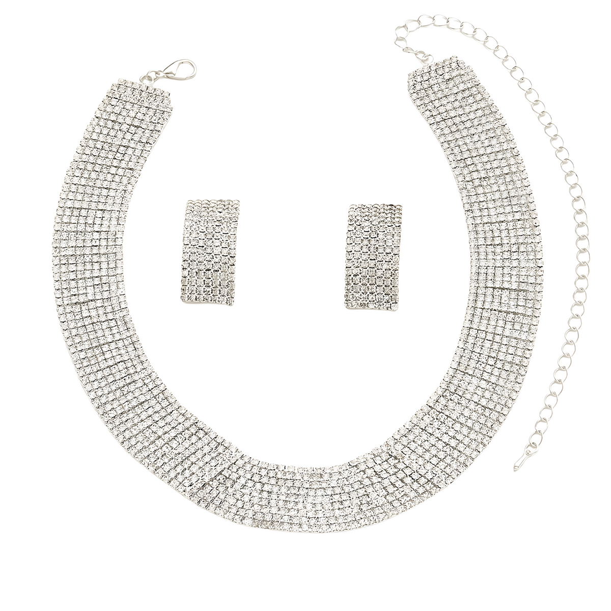 3PCS Silver Rhinestone Necklace and Earrings Set for Women–Classic Geometric 670