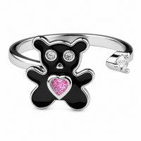 Cute Teddy Bear Open Ring Adjustable Fashion Ring With Pink Heart Crystal 1600