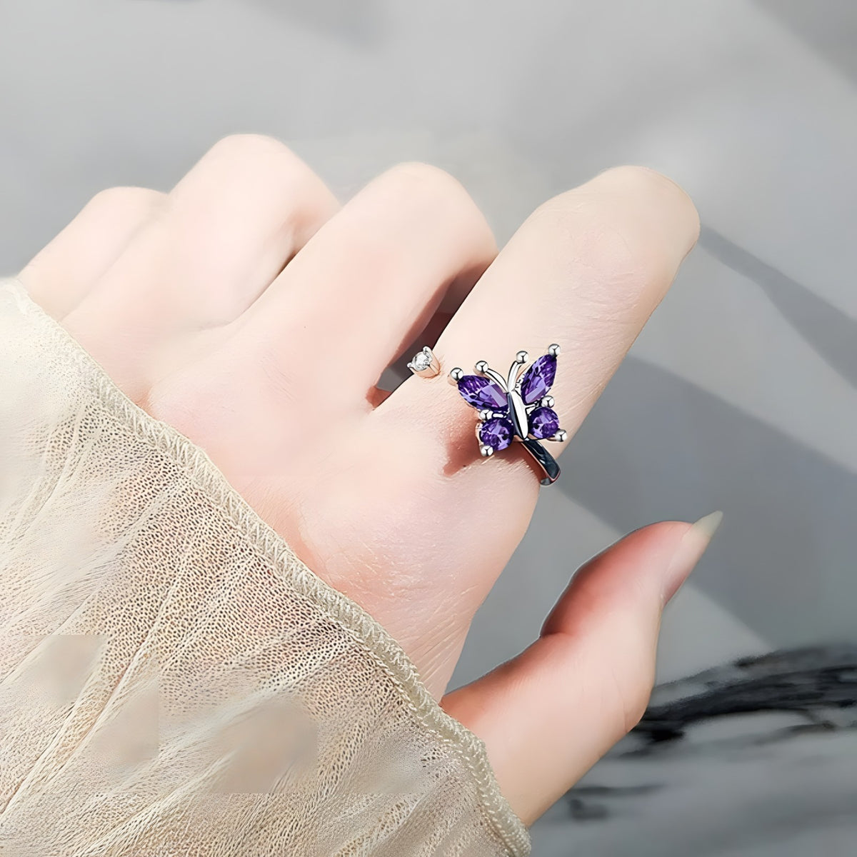 Adjustable Butterfly Spinner Ring 925 Sterling Silver Style, Rotating Purple 371