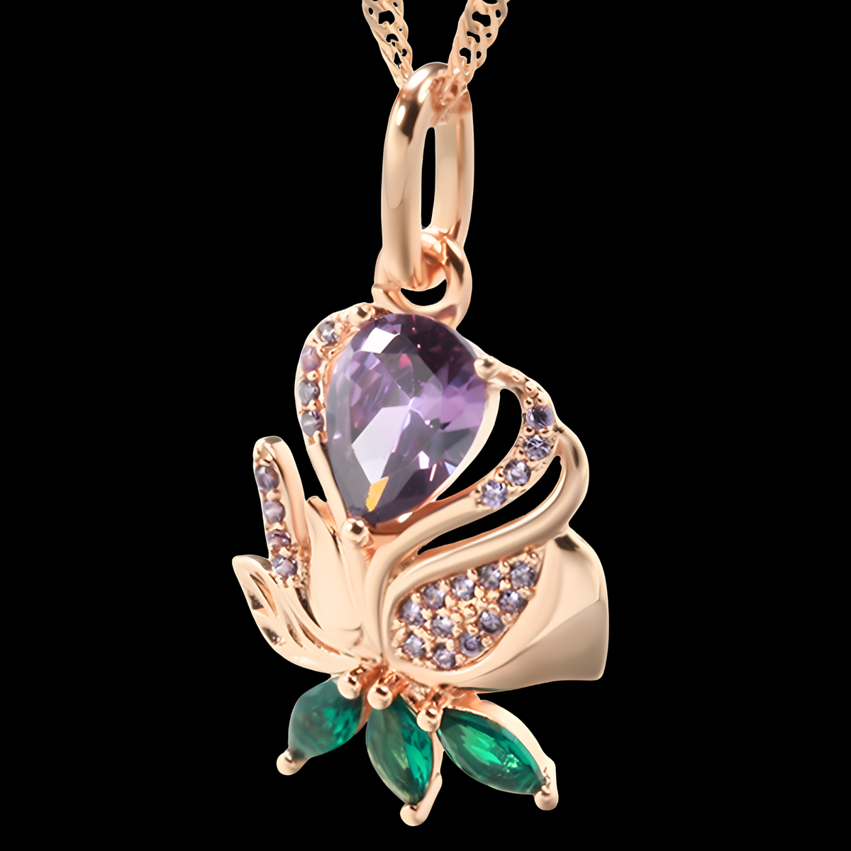 Rose Gold Plated Copper Pendant Necklace for Women with Purple Zircon Heart 1259