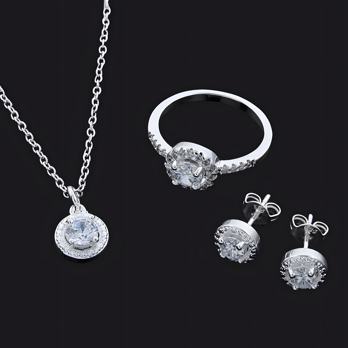 925 Silver-Plated Round Zircon Jewellery Set Halo Necklace, Earrings & Ring 846