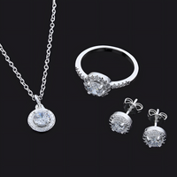 925 Silver-Plated Round Zircon Jewellery Set Halo Necklace, Earrings & Ring 846